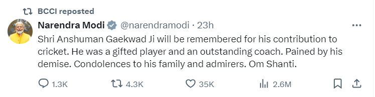 Source: X (Twitter) / Credit: Narendra Modi Anshuman Gaekwad by Jaypedia