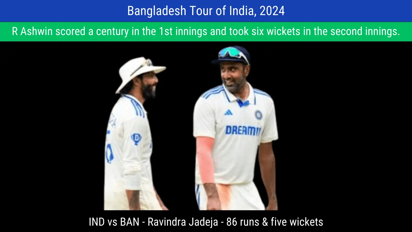 Ashwin, Jadeja, Pant and Gill stun Bangladesh – India vs Bangladesh, 1st Test, 2024

R Ashwin scored a century in the 1st innings and took six wickets in the second innings. Ashwin, Jadeja, Pant and Gill stun Bangladesh in the 1st test in 2024.